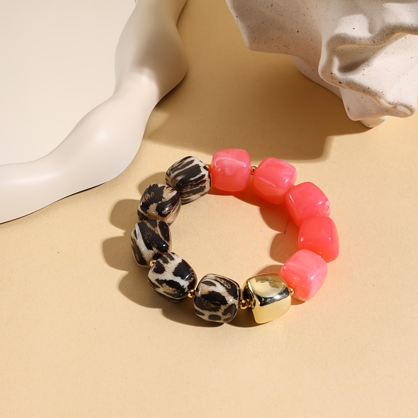 Leopard Print Dopamine Color Block Beaded Stretch Bracelet